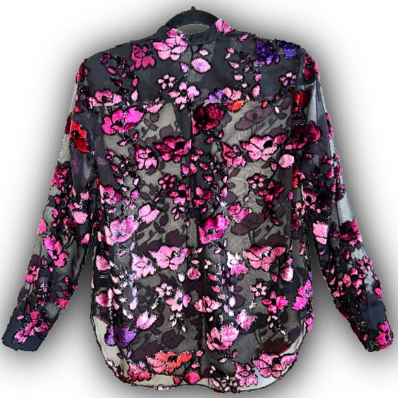 Alice + Olivia Velvet Flocked Sheer Chiffon Designer Blouse XS Black Seen on TV - Picture 4 of 13
